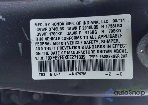 2014 Honda Civic Lx z USA, uszkodzony, nr VIN 19XFB2F5XEE271309